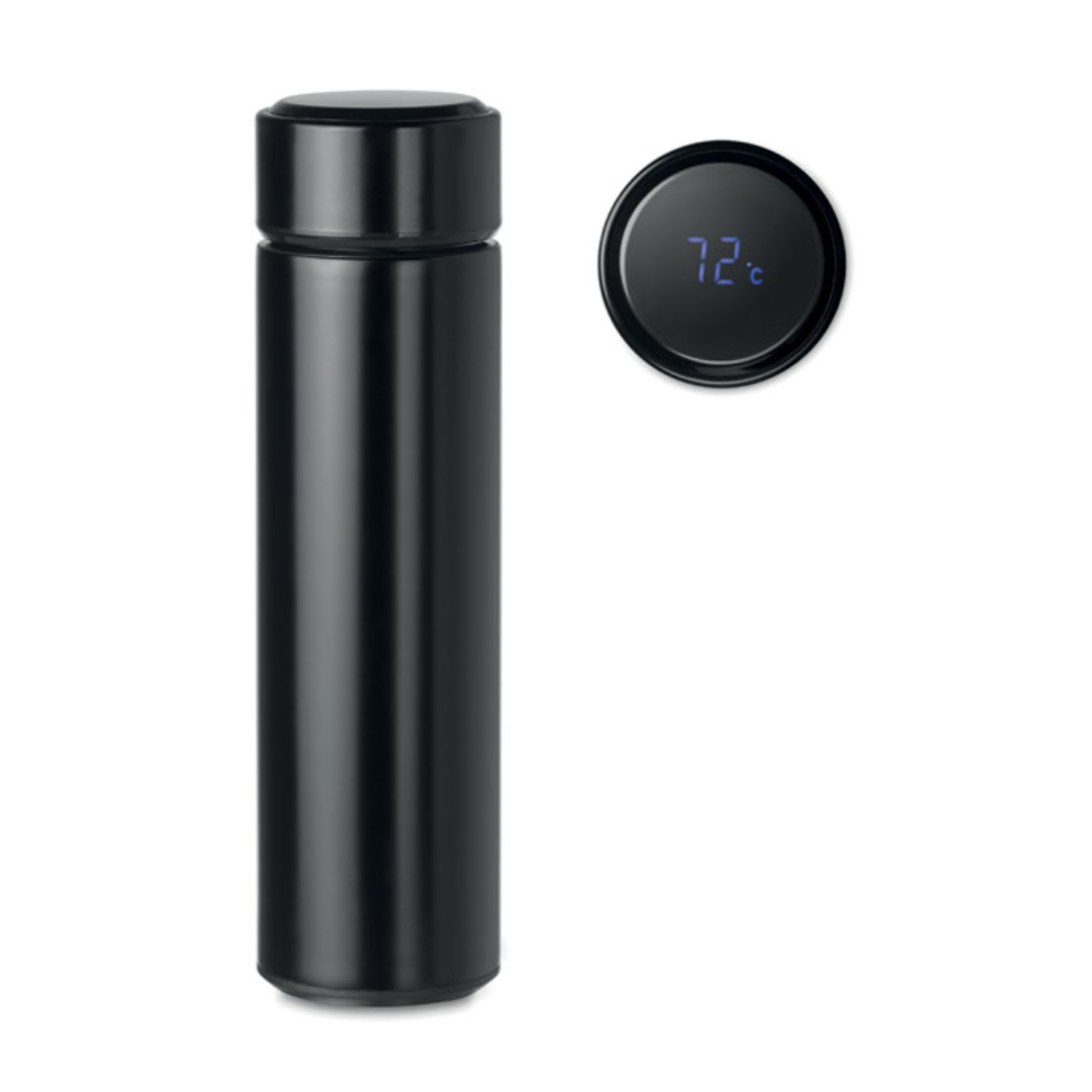 Water bottle with logo POLE Double wall stainless steel insulating vacuum bottle. It has an LED touch thermometer incorporated in to the top of the lid and tea infuserinside. 1 rechargeable CR 2450 battery included. Capacity:450 ml. Leak free. Available color: Matt Silver, Black Dimensions: Ø6X23CM Height: 23 cm Diameter: 6 cm Volume: 1.415 cdm3 Gross Weight: 0.32 kg Net Weight: 0.267 kg Magnus Business Gifts is your partner for merchandising, gadgets or unique business gifts since 1967. Certified with Ecovadis gold!