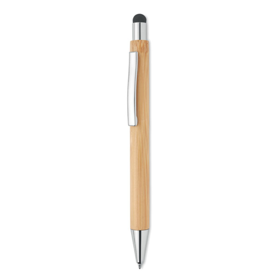 Pen with logo BAYBA Push button ball pen in bamboo with stylus and shiny chrome fittings. Blue ink. Bamboo is a natural product, there may be slight variations in colour and size per item, which can affect the final decoration outcome. Available color: Wood Dimensions: Ø1,1X14,1 CM Height: 14.1 cm Diameter: 1.1 cm Volume: 0.029 cdm3 Gross Weight: 0.01 kg Net Weight: 0.009 kg Magnus Business Gifts is your partner for merchandising, gadgets or unique business gifts since 1967. Certified with Ecovadis gold!