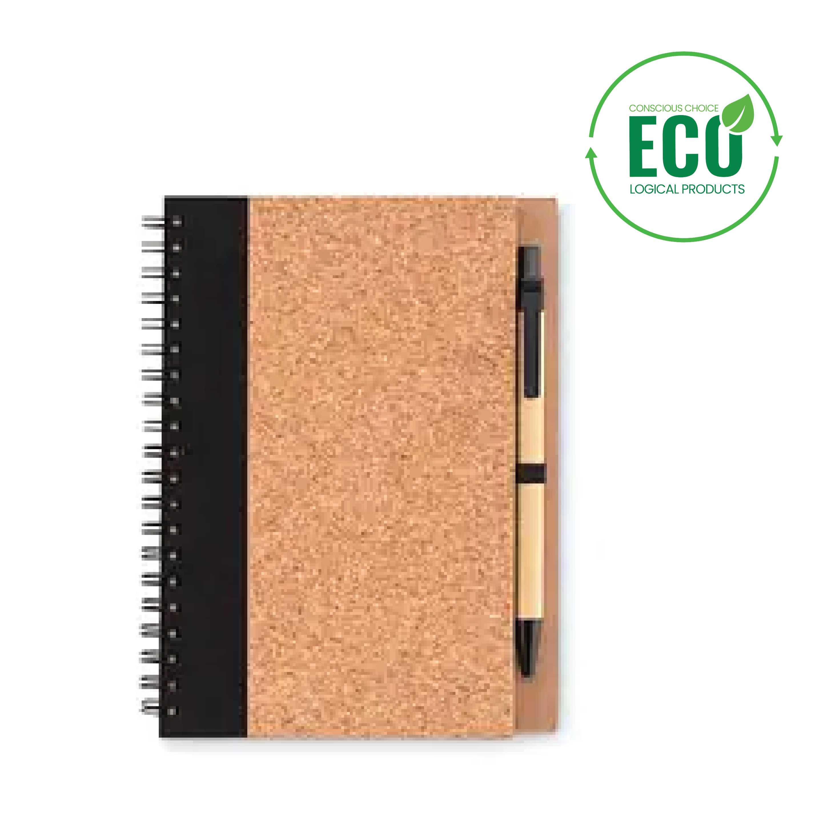 Notebook with logo SONORA PLUSCORK Cork notebook with logo and pen. Soft cover. Twin-wire. 140 lined recycled paper pages (70 sheets). Matching push button ball pen with recycled carton barrel and corn PLA details. Black ink. Elastic pen holder. Cork is 100% natural material. Depending on the surface we can use embroidery, engraving, 360° imprint or screen print.