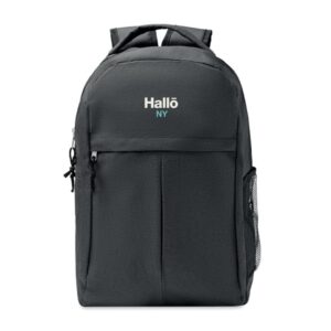 Backpack with logo SIENA Backpack with logo in 600D RPET 2 tone polyester. With outside pocket with zipper and mesh pocket on the side. Depending on the surface we can use embroidery, engraving, 360° imprint or screenprint.