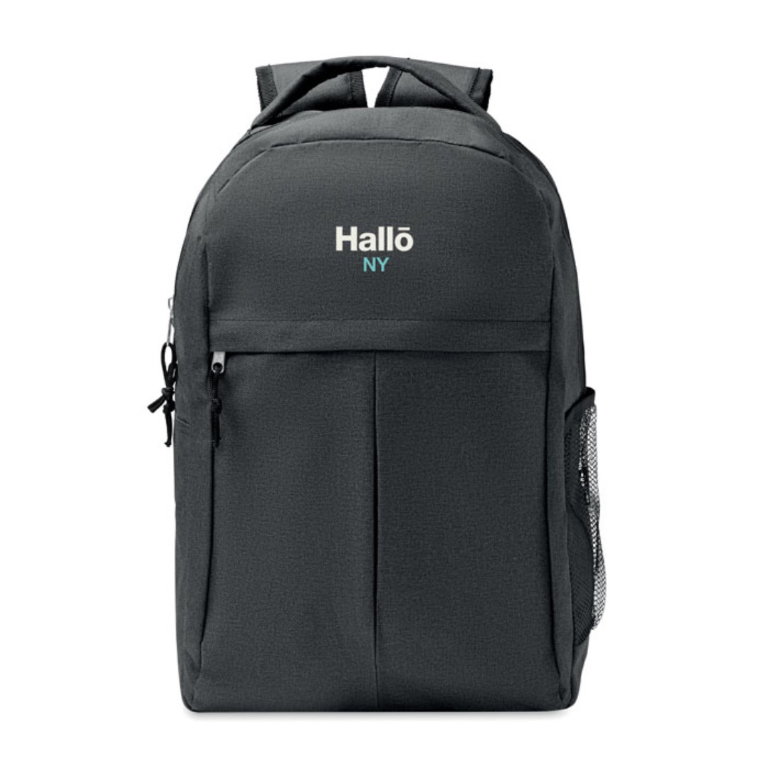 Backpack with logo SIENA Backpack with logo in 600D RPET 2 tone polyester. With outside pocket with zipper and mesh pocket on the side. Depending on the surface we can use embroidery, engraving, 360° imprint or screenprint.