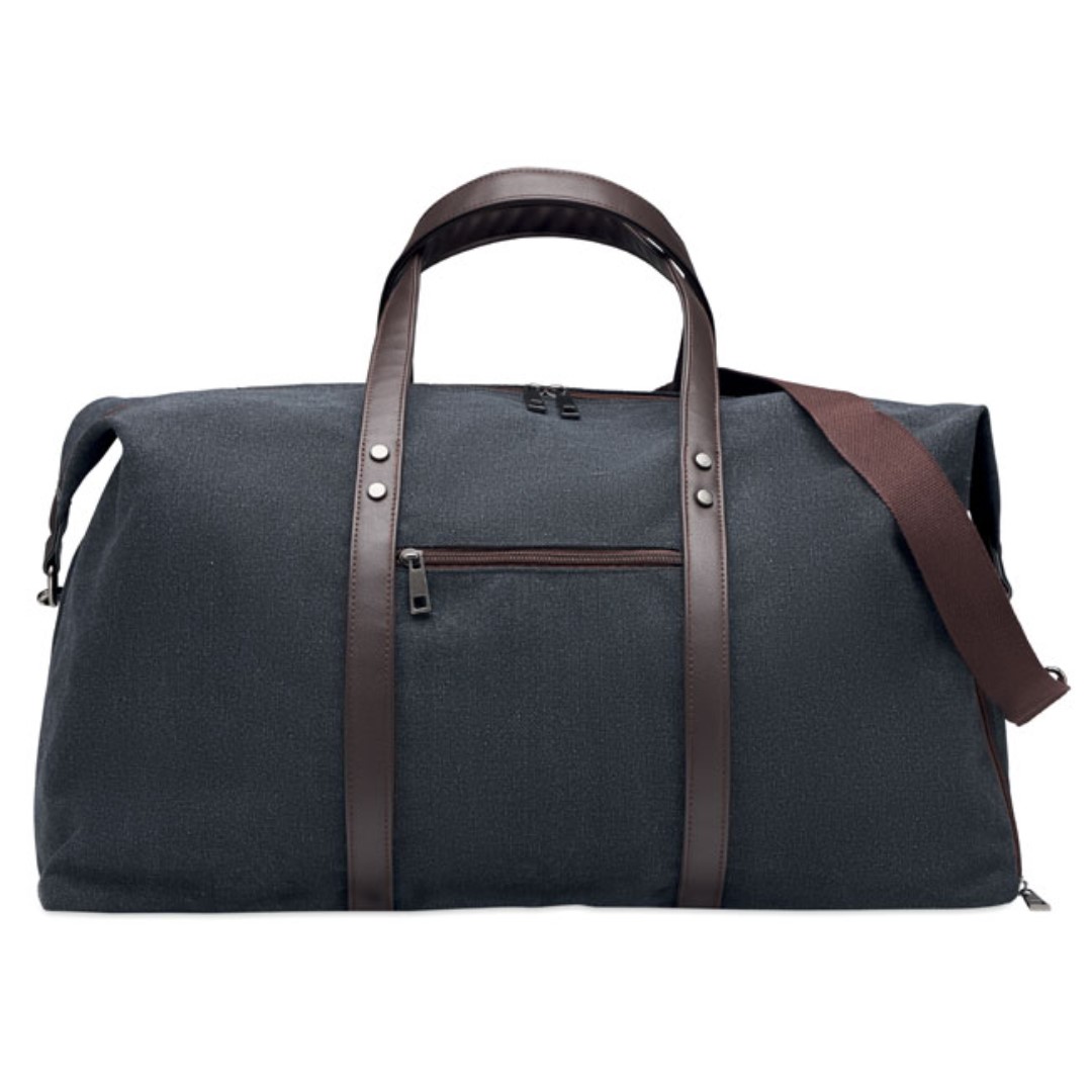 Sports bag with logo ZURICH Sports bag with logo in high quality 450 gr/m² washed canvas with recycled PU details. Strong adjustable and detachable straps included. Perfect hand luggage size. Lining is in RPET 210D. Available color: Black Dimensions: 55X24.5X36CM Width: 24.5 cm Length: 55 cm Height: 36 cm Volume: 7.3 cdm3 Gross Weight: 1.2 kg Net Weight: 1.066 kg Depending on the surface we can use embroidery, engraving, 360° imprint or screen print.