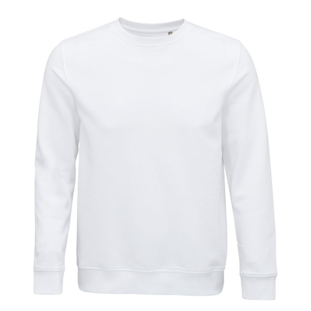 Sweater with logo Comet Sweater with logo for men with round neck. 80% organic cotton / 20% recycled polyester, 280 grams. Depending on the surface we can use embroidery, engraving, 360° imprint or screen print.