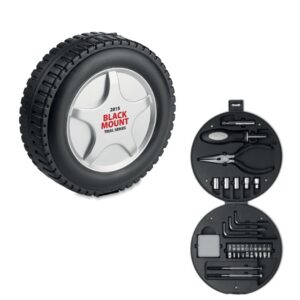 Gadget with logo Toolbox Tyre. 25 Pieces tool gadget with logo in Tyre shaped box. Including 1 extender, 1 socket screwdriver, 1 nose plier, 5 sockets, 3 hex keys, 10 bits set, 2 precision screwdrivers and 1 tape. Depending on the surface we can use embroidery, engraving, 360° imprint or screenprint.