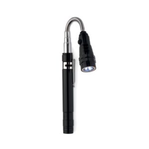 Gadget with logo STRECH-TORCH. Extendable torch gadget with logo with 3 LED light. With magnet on top and clip on side. 4 Batteries LR44 included. Maximum length 57 cm. Depending on the surface we can use embroidery, engraving, 360° imprint or screenprint.
