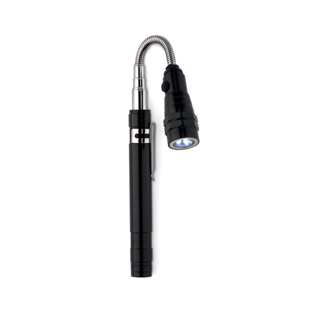 Gadget with logo STRECH-TORCH. Extendable torch gadget with logo with 3 LED light. With magnet on top and clip on side. 4 Batteries LR44 included. Maximum length 57 cm. Depending on the surface we can use embroidery, engraving, 360° imprint or screenprint.