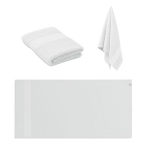 Towel with logo TERRY Terry towel with logo made of 100% 360 gsm organic cotton. Dimensions 100x50 cm. Terry material is soft and absorbent. Made from organic cotton produced under a certified label. Depending on the surface we can use embroidery, engraving, 360° imprint or screen print.