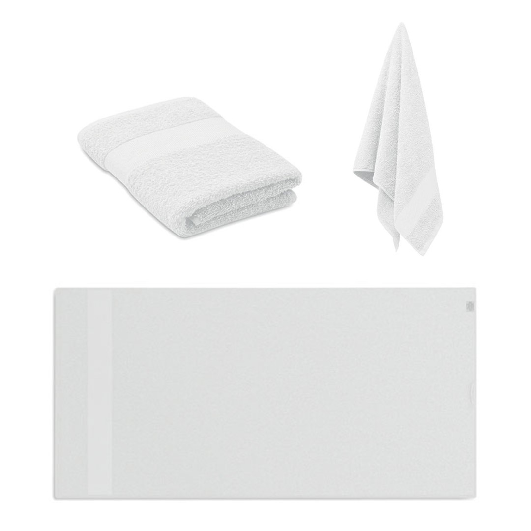 Towel with logo TERRY Terry towel with logo made of 100% 360 gsm organic cotton. Dimensions 100x50 cm. Terry material is soft and absorbent. Made from organic cotton produced under a certified label. Depending on the surface we can use embroidery, engraving, 360° imprint or screen print.