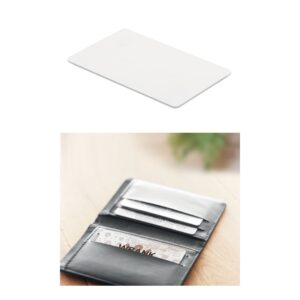 Travel gadget with logo anti-skimming card Travel gadget with logo using an electromagnetic field it makes all 13.56 MHz cards (trains, buses, bank or credit cards) secure from electronic pick pocketing 2-3 cm around the card. (0,9 mm). Depending on the surface we can use embroidery, engraving, 360° imprint or screen print.