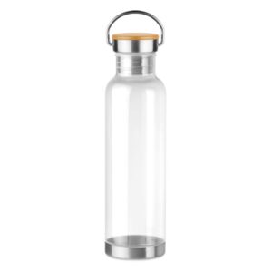 Water bottle with logo HELSINKI BASIC Water bottle with logo in Tritan™ which is BPA free. With stainless steel bottom and lid with bamboo detail. Bamboo is a natural product, there may be slight variations in colour and size per item. Capacity: 800 ml. Not suitable for carbonated drinks. Leak free. We use different printing techniques to add your logo. Depending on the surface we can use embroidery, engraving, 360° imprint or screenprint.