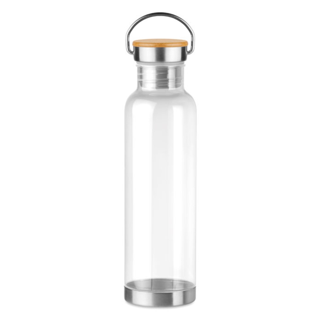 Water bottle with logo HELSINKI BASIC Water bottle with logo in Tritan™ which is BPA free. With stainless steel bottom and lid with bamboo detail. Bamboo is a natural product, there may be slight variations in colour and size per item. Capacity: 800 ml. Not suitable for carbonated drinks. Leak free. We use different printing techniques to add your logo. Depending on the surface we can use embroidery, engraving, 360° imprint or screenprint.