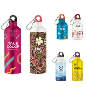 Water bottle with logo MID MOSS. Water bottle with logo aluminium single layer with karabinier. 400 ml. Sublimation print available on white item only. Leak free. We use different printing techniques to add your logo. Depending on the surface we can use embroidery, engraving, 360° imprint or screenprint.