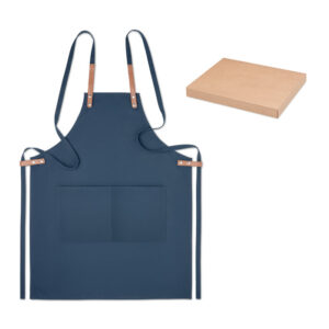 Gadget with logo Organic cotton apron NAGPUR COLOR Gadget with logo, Adjustable kitchen apron with 2 front pockets in 340 gr/m² organic cotton/canvas. Produced under a certified standard for the use of harmful substances in textile. Presented in individual box. Available colors: Blue, Black Dimensions: 88X68CM Width: 68 cm Length: 88 cm Volume: 2.4 cdm3 Gross Weight: 0.415 kg Net Weight: 0.371 kg Depending on the surface we can use embroidery, engraving, 360° imprint or screen print.