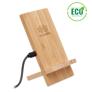 Wireless charger with logo WHIPPY PLUS Wireless charger with logo with double coil stand in bamboo. Place smartphone on it to begin charging. It includes 2 parts, assembly required. Output: DC 9V/1.1A (10W) for quick charging. Compatible with latest Androids, iPhone® 8, X and newer. Available color: Wood Dimensions: 8X2,8X14,8 CM Width: 2.8 cm Length: 8 cm Height: 14.8 cm Volume: 0.35 cdm3 Gross Weight: 0.153 kg Net Weight: 0.128 kg Depending on the surface we can use embroidery, engraving, 360° imprint or screen print.