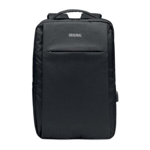 Laptop bag with logo SEOUL Laptop bag with logo in 300D RPET Polyester with padded shoulder strap. Including one main internal compartment for 16 inch laptop and a USB charging cable. Available color: Black Dimensions: 29X12X41CM Width: 12 cm Length: 29 cm Height: 41 cm Volume: 5.4 cdm3 Gross Weight: 0.449 kg Net Weight: 0.368 kg Depending on the surface we can use embroidery, engraving, 360° imprint or screen print.