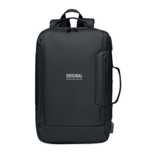 Laptop bag with logo SINGAPORE Laptop bag with logo in 300D RPET Polyester with padded shoulder strap. Including one main internal compartment for 16 inch laptop and a USB charging cable. Available color: Black Dimensions: 28X12X42CM Width: 12 cm Length: 28 cm Height: 42 cm Volume: 5.2 cdm3 Gross Weight: 0.5 kg Net Weight: 0.434 kg Depending on the surface we can use embroidery, engraving, 360° imprint or screen print.