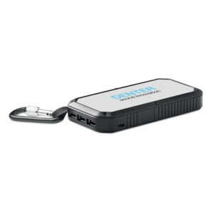 Powerbank with logo POWEREIGHT Powerbank with logo with 8000 mAh, with solar charger with built-in light functionality. Includes 21 LED lights, USB cable with micro USB plug and carabineer. Output current DC5V/1A and DC5V/2A. Available color: Black Dimensions: 14,2X7,6X2,2 CM Width: 7.6 cm Length: 14.2 cm Height: 2.2 cm Volume: 0.9 cdm3 Gross Weight: 0.33 kg Net Weight: 0.313 kg Depending on the surface we can use embroidery, engraving, 360° imprint or screen print.