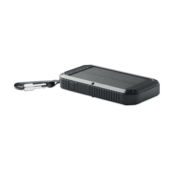 Powerbank with logo POWEREIGHT Powerbank with logo with 8000 mAh, with solar charger with built-in light functionality. Includes 21 LED lights, USB cable with micro USB plug and carabineer. Output current DC5V/1A and DC5V/2A. Available color: Black Dimensions: 14,2X7,6X2,2 CM Width: 7.6 cm Length: 14.2 cm Height: 2.2 cm Volume: 0.9 cdm3 Gross Weight: 0.33 kg Net Weight: 0.313 kg Depending on the surface we can use embroidery, engraving, 360° imprint or screen print.