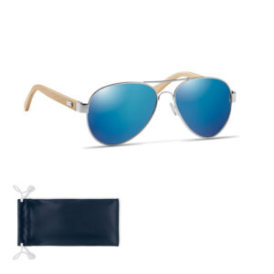Gadget with logo Sunglasses HONIARA. Sunglasses with logo with bamboo arms and colored mirrored lenses in microfiber pouch. UV400 protection. These have a retro shape combined to a natural product to create a spectacular summer item. We use different printing techniques to add your logo. Depending on the surface we can use embroidery, engraving, 360° imprint or screen print.
