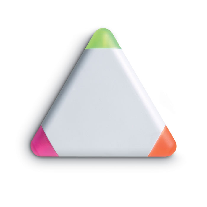 Highlighter with logo TRIANGULO Highlighter with logo, Triangular shape highlighter in ABS casing. 3 color ink: yellow, fuchsia and orange. Available color: White Dimensions: 7.5X7.5X1.3 CM Width: 7.5 cm Length: 7.5 cm Height: 1.3 cm Volume: 0.076 cdm3 Gross Weight: 0.018 kg Net Weight: 0.015 kg Depending on the surface we can use embroidery, engraving, 360° imprint or screen print.
