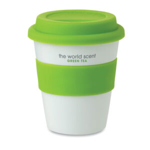 Tumbler with logo ASTORIA Tumbler with logo with single wall in shiny white PP with silicone lid and middle ring. Volume capacity 350 ml. As this is a single walled mug heat transfer can still occur. Depending on the surface we can use embroidery, engraving, 360° imprint or screen print.