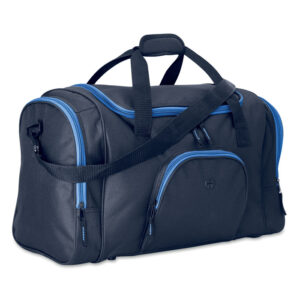 Sports bag with logo LEIS Sports bag with logo in 600D polyester. With 2 zippered side compartments and 1 zippered front pocket with earphone eyelet. Detachable and adjustable shoulder strap included. Available colors: Blue, Black Dimensions: 55X25X30CM Width: 25 cm Length: 55 cm Height: 30 cm Volume: 5.07 cdm3 Gross Weight: 0.7 kg Net Weight: 0.639 kg Depending on the surface we can use embroidery, engraving, 360° imprint or screen print.