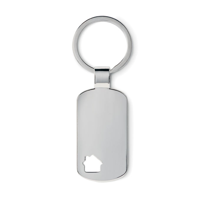 Key ring with logo HOUSE Key ring with logo in metal with house detail on the bottom. Individually packed in box. Available color: Matt Silver Dimensions: 2,9X5 CM Width: 5 cm Length: 2.9 cm Volume: 0.11 cdm3 Gross Weight: 0.039 kg Net Weight: 0.032 kg Depending on the surface we can use embroidery, engraving, 360° imprint or screen print.