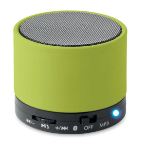 Audio gadget with logo Bluetooth speaker ROUND BASS Audio gadget with logo, Round Bluetooth speaker 4.2 in ABS with rubber finish and LED light indication. 1 Rechargeable Lithium 450 mAh battery included. Includes an SD card port and an AUX / USB cable. Hands free call function. Output data: 3W, 3 Ohm and 5V. Playing time approx. 3h. Available colors: Lime, Black, Red, White, Orange, Matt Silver, Royal Blue Dimensions: Ø6X4,9 CM Height: 4.9 cm Diameter: 6 cm Volume: 0.415 cdm3 Gross Weight: 0.24 kg Net Weight: 0.219 kg Depending on the surface we can use embroidery, engraving, 360° imprint or screen print.