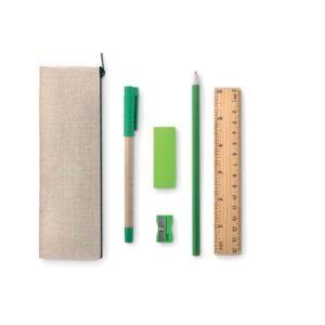 Pen set with logo TEKINA Pen set with logo includes a jute and cotton pouch, wooden ruler, plastic sharpener,                                                                                                                                                                                                      eraser, paper pencil and ball pen with blue ink. Available color: Beige Depending on the surface we can use embroidery, engraving, 360° imprint or screen print.