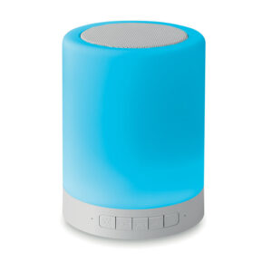 Audio gadget with logo Bluetooth speaker TATCHI Audio gadget with logo, Bluetooth speaker with hands free function, SD card slot and regulating color and brightness touch. 6 colors changing light. Rechargeable Li-Ion 2000 mAh. Output data: 3W. Playing time approx. 2h. Available color: White Dimensions: Ø9,5X12,5 CM Height: 12.5 cm Diameter: 9.5 cm Volume: 2.2 cdm3 Gross Weight: 0.453 kg Net Weight: 0.366 kg Depending on the surface we can use embroidery, engraving, 360° imprint or screen print.