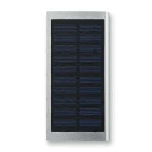 Powerbank with logo SOLAR POWERFLAT Powerbank with logo with 8000 mAh in aluminium case with solar panel. Capacity for smartphone use, output current DC5V/1A and DC5V/2A. Includes indicating light and USB cable with micro USB plug. Available colors: Matt Silver, Black Dimensions: 7,5X15X1 CM Width: 15 cm Length: 7.5 cm Height: 1 cm Volume: 0.402 cdm3 Gross Weight: 0.24 kg Net Weight: 0.22 kg Depending on the surface we can use embroidery, engraving, 360° imprint or screen print.