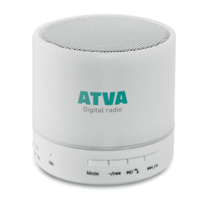 Audio gadget with logo Bluetooth speaker ROUND WHITE Audio gadget with logo, Bluetooth speaker 2.1  with LED light indication in ABS. 3 colors changing light. 1 Rechargeable Lithium 450 mAh battery included. Includes a SD card port and an AUX/ USB cable. Hands free call function. Output data: 3W, 4 Ohm. Playing time aprox. 2h. Available color: White Dimensions: Ø6X6 CM Height: 6 cm Diameter: 6 cm Volume: 0.56 cdm3 Gross Weight: 0.162 kg Net Weight: 0.147 kg Depending on the surface we can use embroidery, engraving, 360° imprint or screen print.