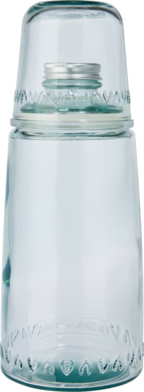Gadget with logo Glass bottle Vient Gadget with logo, Glass bottle 2-piece recycled glass set featuring one 1000 ml carafe with aluminium lid. Made from 1 glass bottle. 220 ml cup. Recycled glass is manufactured using less energy, raw material, and additives, than what is required for making traditional glass. Available color: Transparent Height: 26 cm, Diameter: 10 cm Weight: 530gr Depending on the surface we can use embroidery, engraving, 360° imprint or screen print.