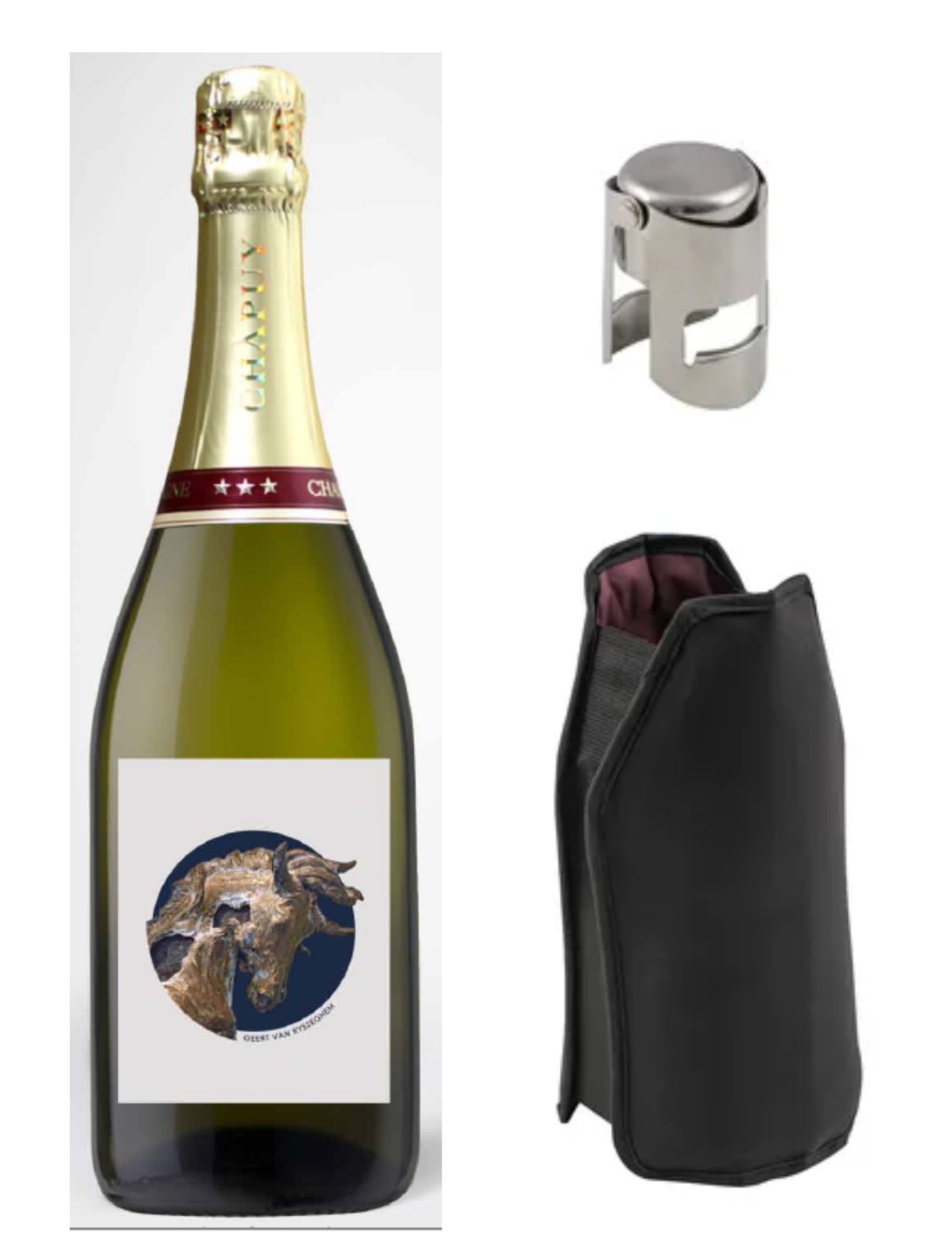 Champagne gift set with logo This Champagne gift set with logo includes: Chapuy champagne brut tradition: made from 50% chardonnay, 25% pinot noir and 25% pinot meunier. Perfect for receptions and parties as well as at home with friends and family. Delicious with petit fours or a cake. Good value for money. 75 cl. Set of nylon stopper and wine cooler Personalised card: in your house style with your personal message (A5 format) Champagne is always a good idea! Magnus Business Gifts is your partner for merchandising, gadgets or unique business gifts since 1967. Certified with Ecovadis gold 2022!