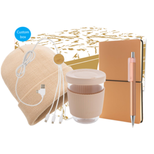 Gift box Onboarding Elegant Office Onboarding gift with personalized fullcolour print on the outside Personalized card in your house style with your personal message (A5 format) Metallic pen, brown Impact Pollyanna® hat with AWARE™ tracer, brown Ukiyo silicate glass with silicone lid and sleeve, brown Ontario 6-in-1 cable Modern, luxurious softcover notebook A5, brown Magnus Business Gifts is your partner for merchandising, gadgets or unique business gifts since 1967. Certified with Ecovadis gold!