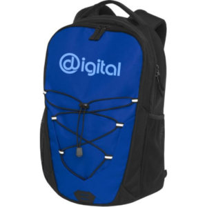 Laptop bag with logo Trails Laptop bag with logo with colored facing and elastic cord with reflective accents on the front panel. Features two external water bottle meshed pockets, front compartment with several small divisions, a hook for easy storage, and a 12" tablet sleeve. The backpack has a padded reinforced handle and a comfortable padded back. Fits a 15.6" laptop in a padded sleeve inside the main compartment. 300D of Polyester, 600D of Polyester. 24L. Depending on the surface we can use embroidery, engraving, 360° imprint or screen print.