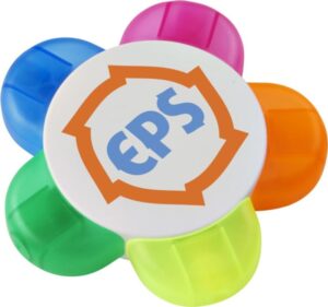 Highlighter with logo Flower Highlighter with logo, Flower  shaped in five colors: orange, pink, blue, green and yellow. Comes in ABS Plastic. Available color: White Length: 9,50 cm Width 9,50 cm Height: 1,80 cm Depending on the surface we can use embroidery, engraving, 360° imprint or screen print.