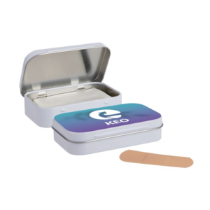 Gadget with logo Plasters in tin Gadget with logo 20 plasters in tin. Produced in Germany according to EU Directive 93/42/EWG Depending on the surface we can use embroidery, engraving, 360° imprint or screen print.