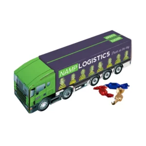 Sweets with logo Truck If you are looking for the ideal gift for the transportation industry. This transport box of sweets is filled with approx. 110 grams of candies in a metallic foil. The box can be completely printed to your own taste. Personalize the transport box.   This personalized truck filled with metallic sweets is just the thing. Ask about the options for other fillings. Magnus Business Gifts is your partner for merchandising, gadgets or unique business gifts since 1967. Certified with Ecovadis gold!