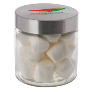 Sweets with logo in glass jar This large, well-filled candy jar is sure to please! Glass jar with stainless steel lid. 0,9l filled with delicious sweets with logo. Glass jar filled with delicious sweets, where you can choose from various fillings. The pot is provided with a full colour print on the lid. Many different options are possible for the filling. The lid of this well-filled candy jar is printed directly in one or more colors. Magnus Business Gifts is your partner for merchandising, gadgets or unique business gifts since 1967. Certified with Ecovadis gold!