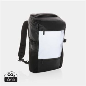 Laptop bag with logo Laptop bag with logo 15.6" with high visibility. Available color: Black Easy access laptop bag with logo is the ideal bag to carry every day. Provides extra safety at night thanks to the big surface of reflective material which ensures you are visible to traffic. The roomy main compartment has a 15.6" laptop pocket and a small pocket to quickly grab your phone or keys. The big zipper opening makes it easy to see what's in your bag at a glance. Water resistant. The reflectivity has been tested in accordance with EN 13356:2001. Depending on the surface we can use embroidery, engraving, 360° imprint or screen print.