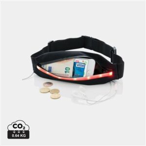 Sports bag with logo Led Running Running sports bag with logo and integrated safety light for good visibility when working out in the dark. The light has 3 modes that can be set to each users personal preference. Available Colors: Black With adjustable buckle to fit all sizes. Including battery for direct usage. Running holder constructed from an elastic water repellent material with waterproof zipper. Depending on the surface we can use embroidery, engraving, 360° imprint or screen print.