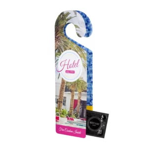 Gadget with logo Condom Doorhanger. Doorhanger condom with logo in black foil. ISO04074:2015 and CE0120 certified A door hanger is a simple yet effective way to get your message across to potential customers or event attendees. By placing a door hanger on their front door, you can capture their attention and give them a brief introduction to your business or event. If you're looking to create a personalized door hanger with your own logo and text, there are a few things to consider. First, you'll need to choose a design that fits your brand or event theme. There are many templates available online that you can use as a starting point, or you can work with a graphic designer to create a custom design from scratch. When it comes to the text on your door hanger, keep it simple and to the point. We use different printing techniques to add your logo. Depending on the surface we can use embroidery, engraving, 360° imprint or screenprint.