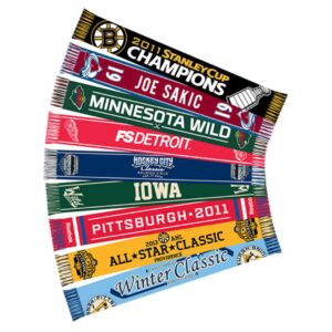 Magnus Custom sports scarves Custom sports scarves dimensions 126x17 Keep warm while cheering on your favorite team with a warm custom team sports scarf. Create unique cheer scarves for your favorite soccer, hockey, tennis, basketball team or any other sports club that deserves cheer. The front and back of the cheer scarf can be fully personalized with the desired colors and design, such as your logo, image and text. Our cheer scarves are not printed, but knitted entirely with your design in standard colors. Almost anything is possible! Do you need help with your design? Send us your logo for the design and we will make you a free quote. The cheer scarves are produced in Europe with high quality acrylic, from 50 pieces.