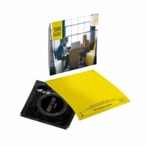 Gadget with logo Condom in envelope. 1 Condom with logo in envelope in black foil. Packed in an envelope, ISO04074:2015 and CE0120 certified. Available colour: black. We use different printing techniques to add your logo. Depending on the surface we can use embroidery, engraving, 360° imprint or screenprint.
