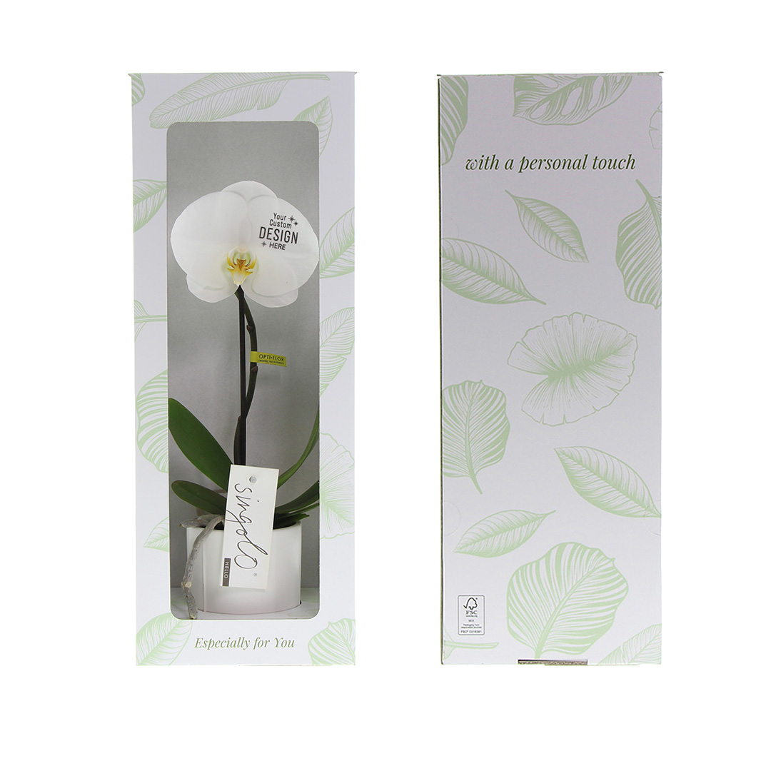 Gadget with logo Orchid Gadget with logo single-flowered luxurious orchid. Give a truly valuable gift with this unique orchid that will certainly not end up in the bin. This exceptional flower can be perfectly personalized with your logo or design on the flower. Comes with personalized FSC-certified gift box with a back card or leave a message by attaching a separate card. Depending on the surface we can use embroidery, engraving, 360° imprint or screen print.