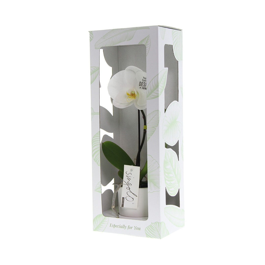 Gadget with logo Orchid Gadget with logo single-flowered luxurious orchid. Give a truly valuable gift with this unique orchid that will certainly not end up in the bin. This exceptional flower can be perfectly personalized with your logo or design on the flower. Comes with personalized FSC-certified gift box with a back card or leave a message by attaching a separate card. Depending on the surface we can use embroidery, engraving, 360° imprint or screen print.
