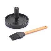 BBQ gadget with logo Burger set BBQ gadget with logo with press an brush. Allows you to make and prepare perfect burgers. Available color: grey Product size (cm): 28,7 x 3,5 x 23 Gross Weight: 485gr, Net Weight Item: 450gr Material: Aluminium Depending on the surface we can use embroidery, engraving, 360° imprint or screen print.
