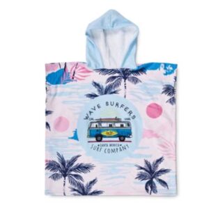 Beach gadget with logo Towel kids poncho MT4013 Beach gadget with logo full colour printed Kids Poncho made from 300gsm polyester (50%) and cotton (50%). The front velour polyester side of the towel is printed full colour and has a soft texture. The back of the towel is white terry cotton for maximum absorbency. Dimensions: 60wx60h cm (neck opening Ø25.5cm). Individually polybagged. Since the towels are printed digitally the final print colors can be up to 15% variance in colour and shading from original artwork supplied. Depending on the surface we can use embroidery, engraving, 360° imprint or screen print.