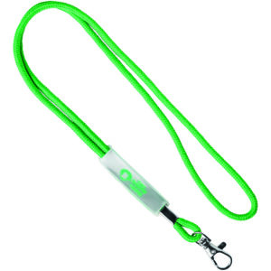 Lanyard with logo Cord Polyester cord lanyard with logo and transparent slider. Ca 90cm long. Metal karabinier or choose from one of the other clip options. The slider comes standard in a transparent version but with the right quantity it can be produced in your wished colour as well. We use different printing techniques to add your logo. Depending on the surface we can use embroidery, engraving, 360° imprint or screenprint.